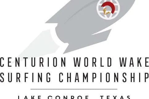 Centennial wakesurf championships logo incorporating wakeboat and wakesurf board.