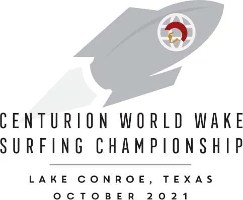 Centennial wakesurf championships logo incorporating wakeboat and wakesurf board.
