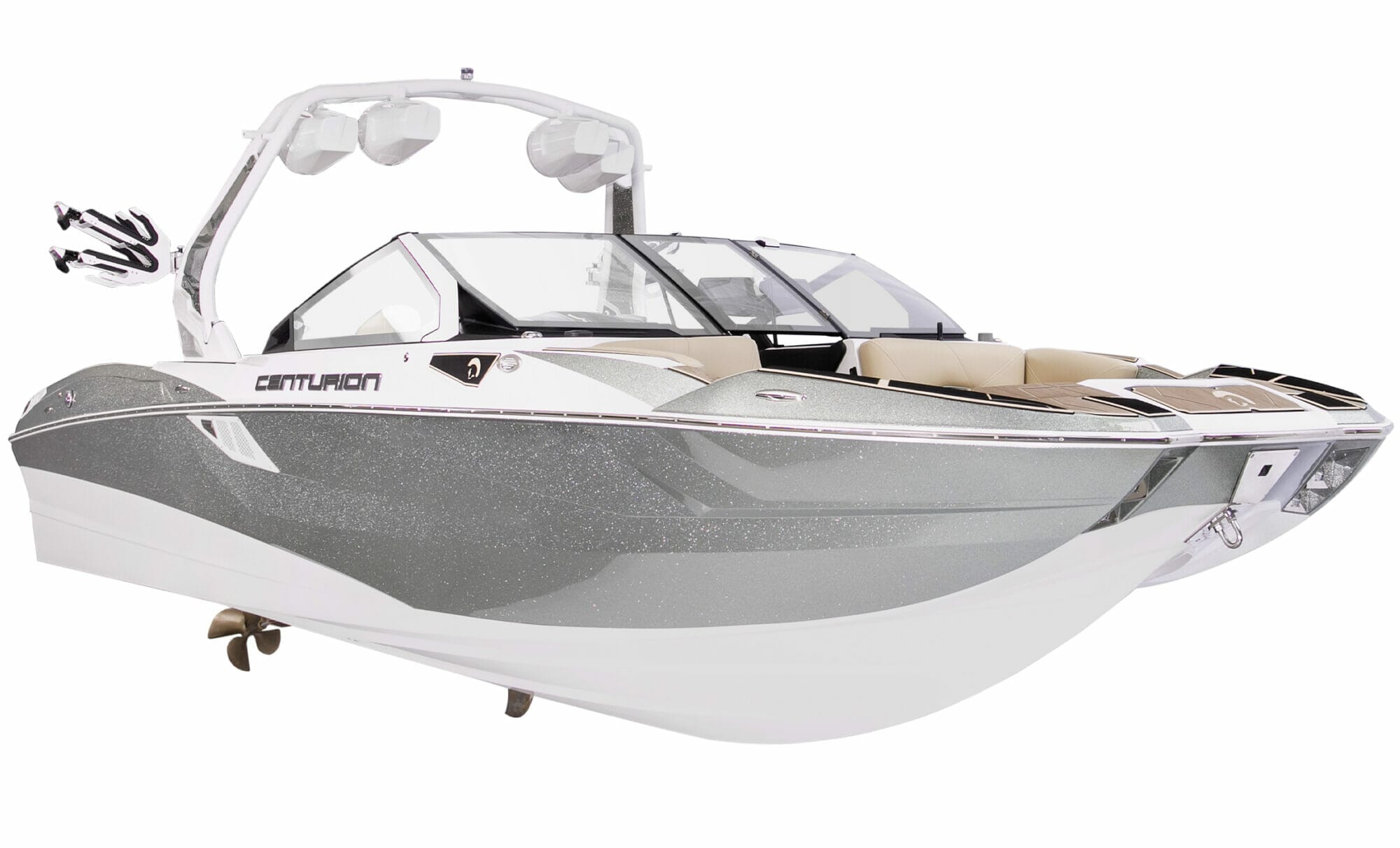 A silver wakeboat on a white background.