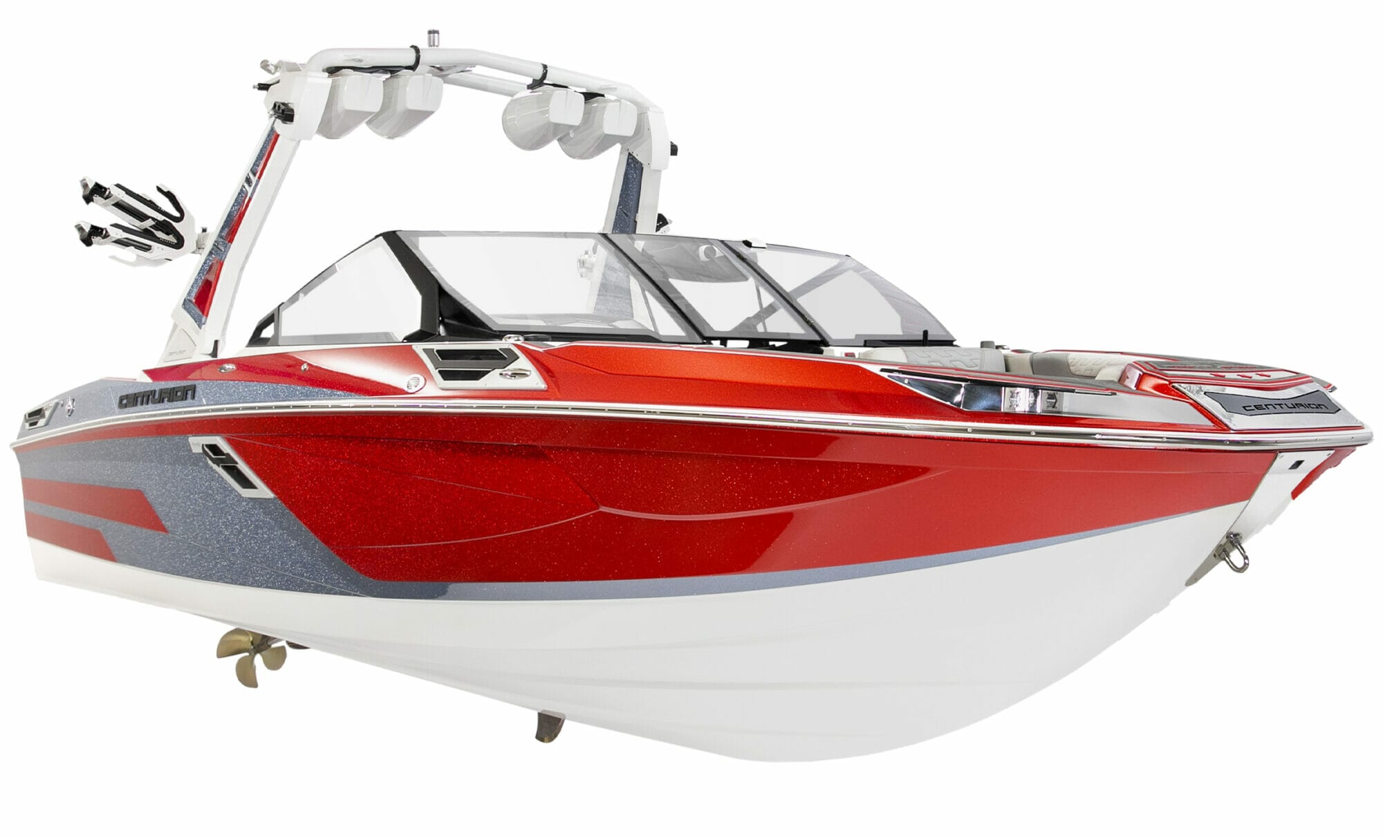 A red and white wakesurf boat on a white background.