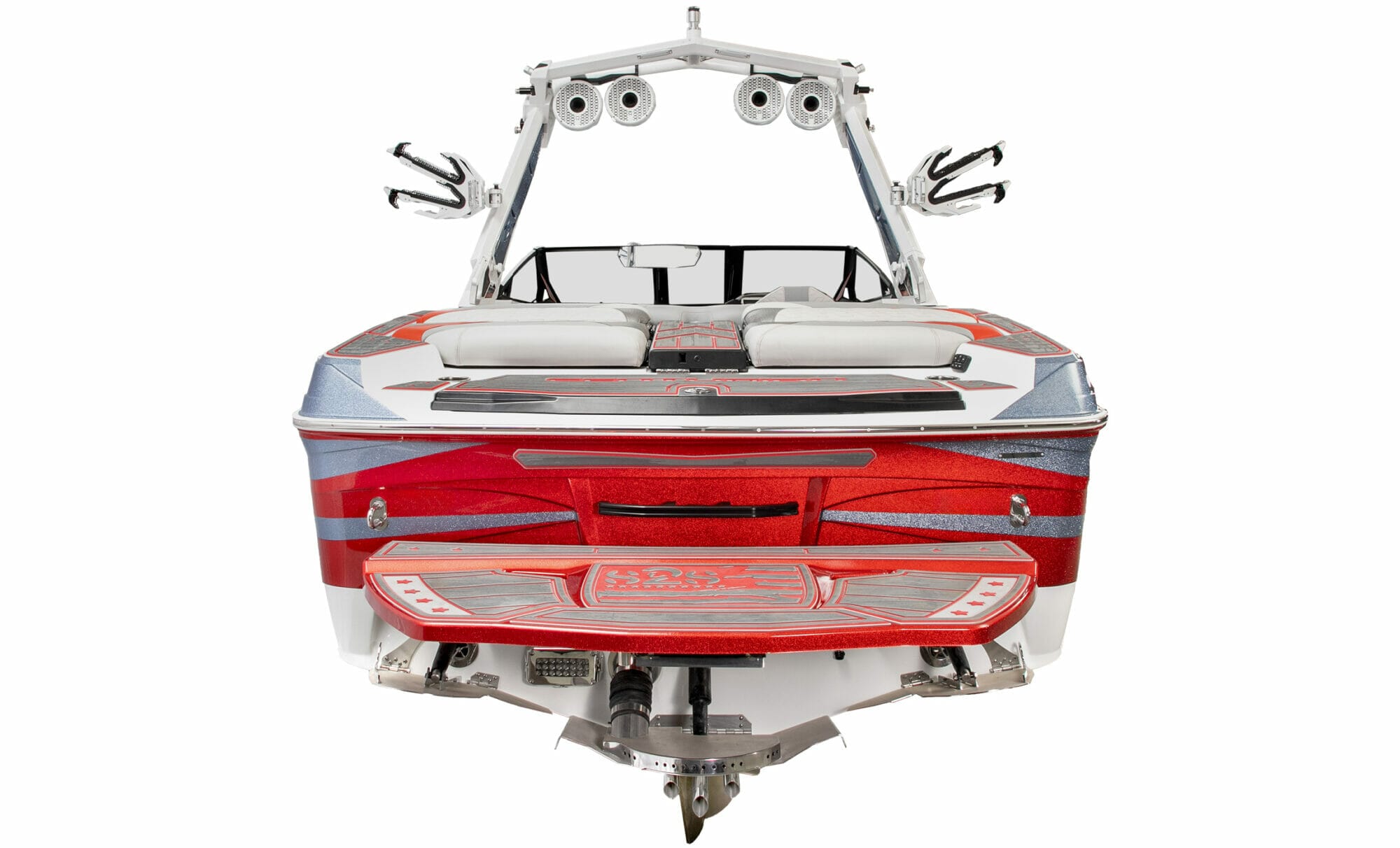 A red and white wakesurf boat on a white background.