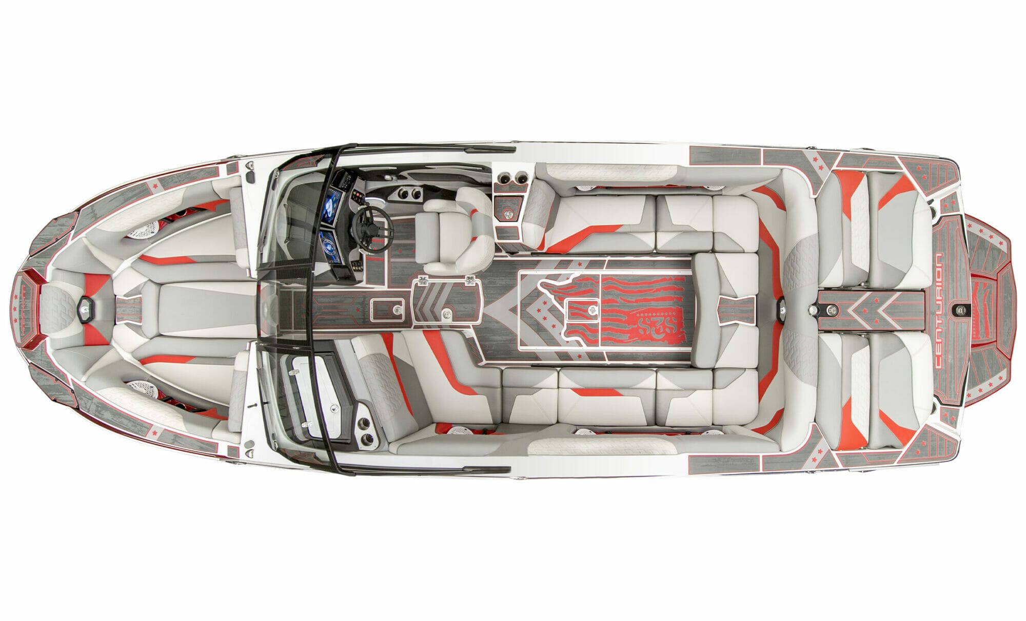 The top view of a wakesurf boat with a red and white interior.
