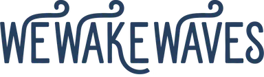 A blue and white logo with the words neake waters for a wakesurf boat.