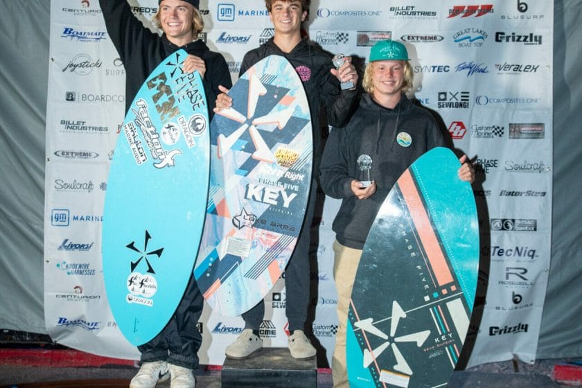 Three surfers on a podium during the 2024 WWSC Day 2 Recap.