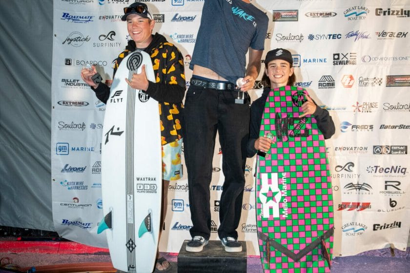 2024 WWSC Day 2 Recap: A group of people standing on a podium with their surfboards.