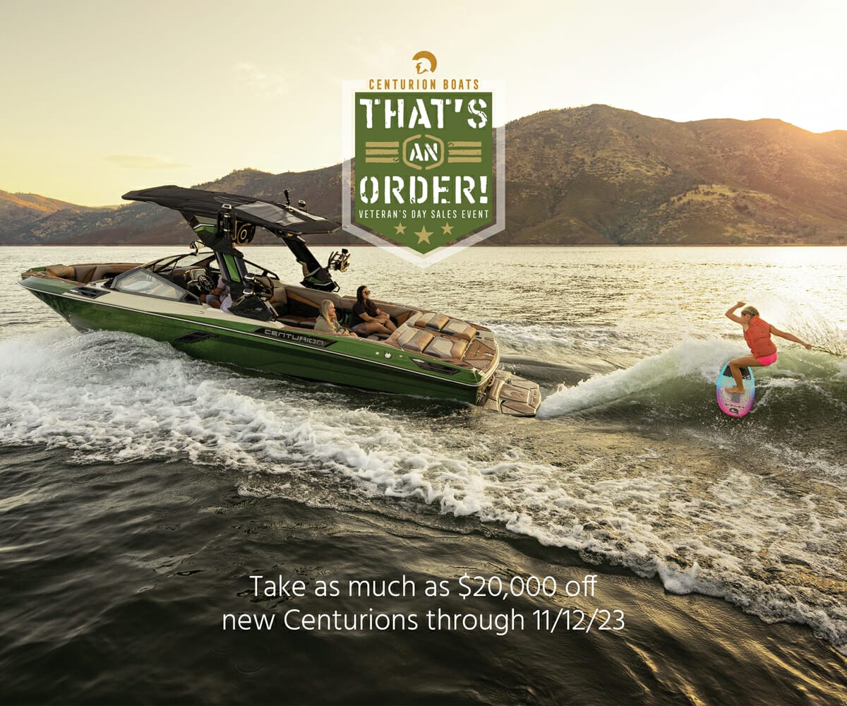 That’s An Order! Centurion Veteran’s Day Sales Event promo with boat and surfer