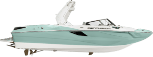 A blue and white Fe22 Centurion Fe Series boat on a white background.