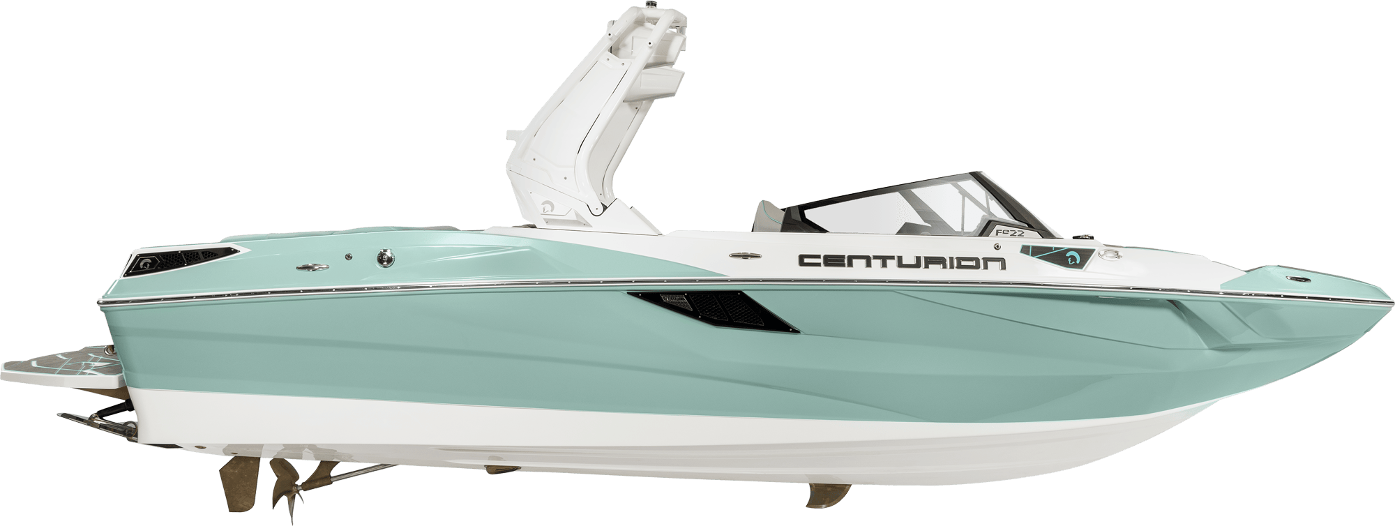 A blue and white Fe22 Centurion Fe Series boat on a white background.