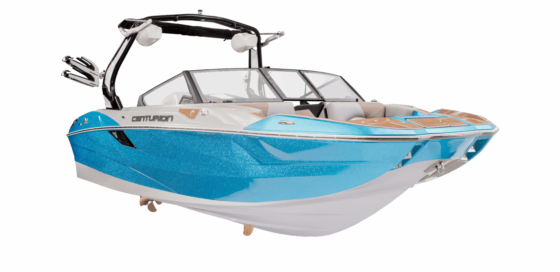 A blue and white Centurion Fe22 motorboat with a black wakeboard tower and cushioned seating. It features a glass windshield and wood accents on the interior.