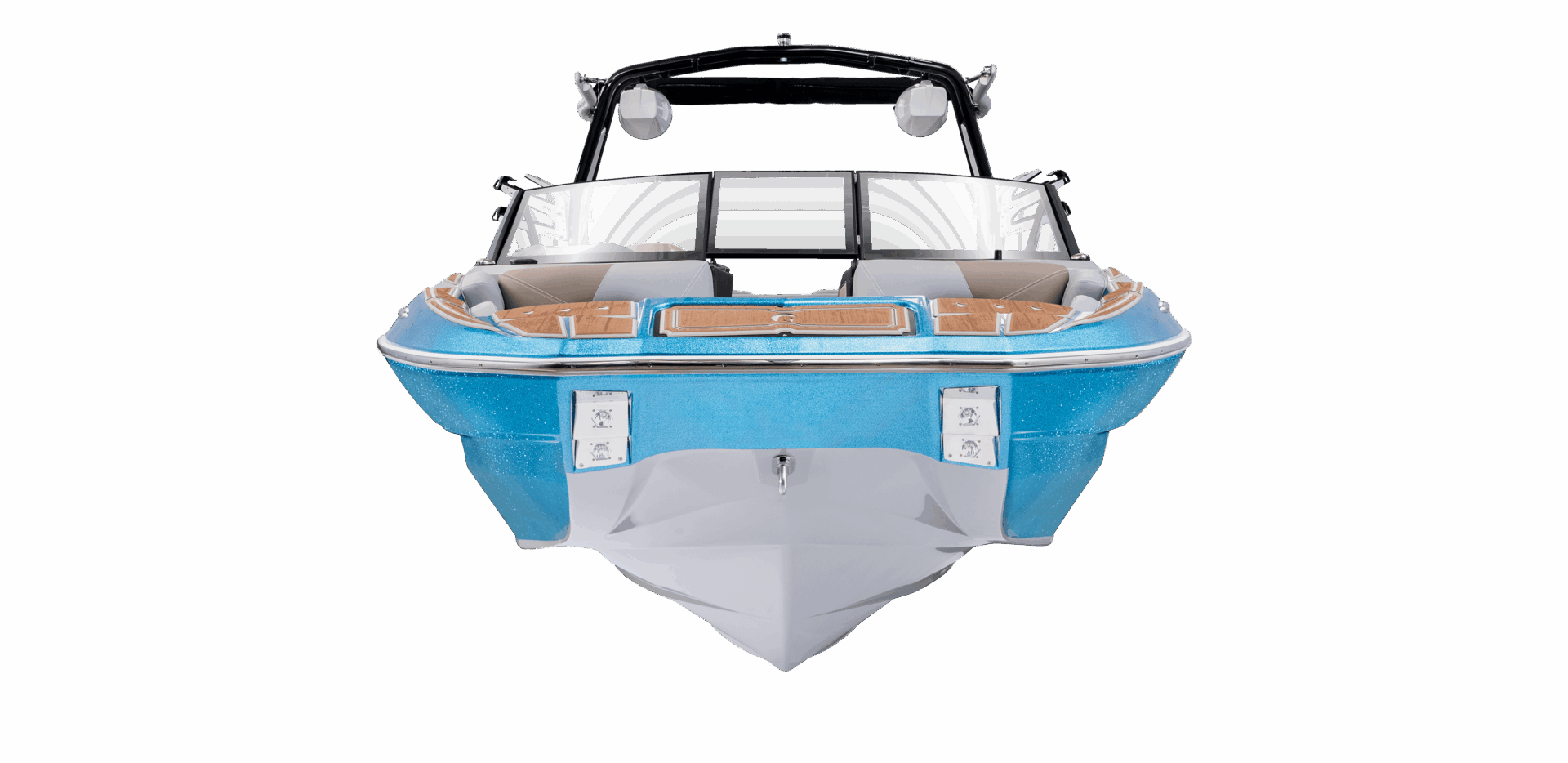 Front view of the sleek blue and white Centurion Fe22 motorboat with seating and steering console, displayed against a solid black background.