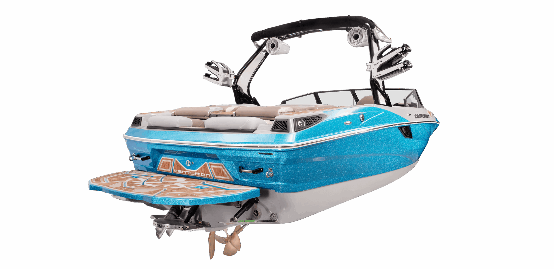 A blue and white Centurion Fe22 wakeboard boat with beige seating and a wooden swim platform is shown against a plain background.