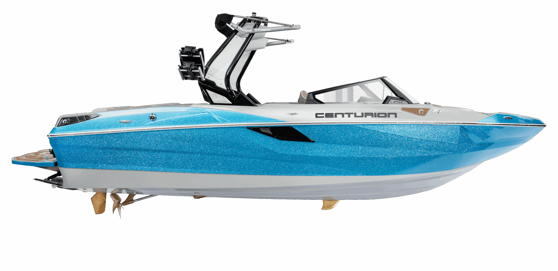 A blue and white Centurion Fe22 boat with a sleek design, featuring a tower for wakeboarding and seating area, displayed on a white background.