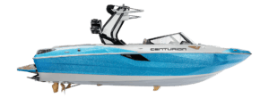 A blue and white Centurion Fe Series boat with a sleek design is showcased against a plain background, highlighting its modern wakeboard towers and polished exterior.