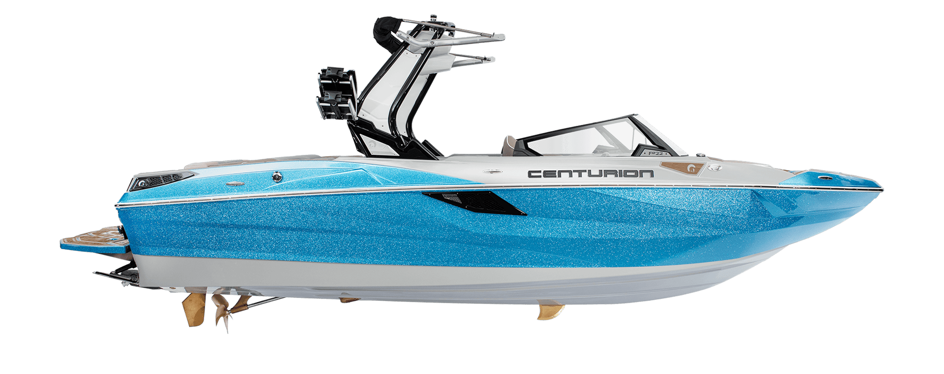 A blue and white Centurion Fe Series boat with a sleek design is showcased against a plain background, highlighting its modern wakeboard towers and polished exterior.