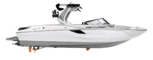 A white and gray Centurion Fe Series speedboat with a wakeboard tower and seating is displayed on a plain white background.