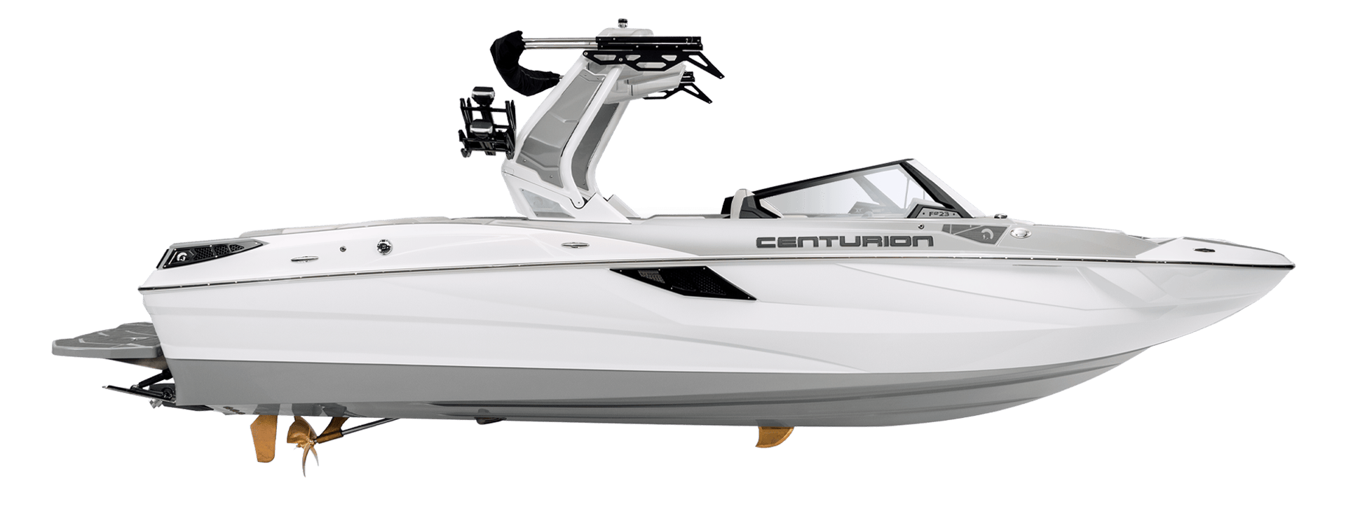 A white and gray Centurion Fe Series speedboat with a wakeboard tower and seating is displayed on a plain white background.