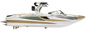 A sleek, modern speedboat from the Centurion Fe Series with a white and gold exterior, equipped with a wakeboard tower and proudly labeled "Centurion" on the side.