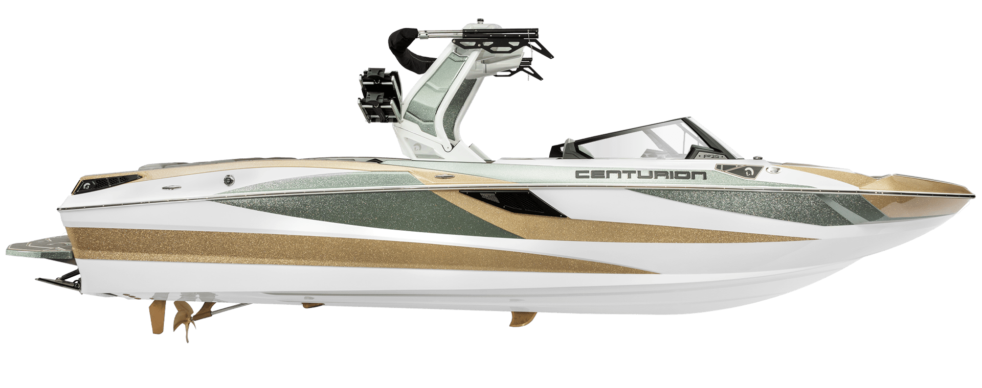 A sleek, modern speedboat from the Centurion Fe Series with a white and gold exterior, equipped with a wakeboard tower and proudly labeled 