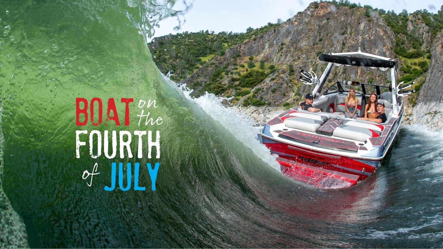 A speedboat with passengers rides a wave near a rocky shoreline. Text reads, "Boat on the Fourth of July" in colorful letters.