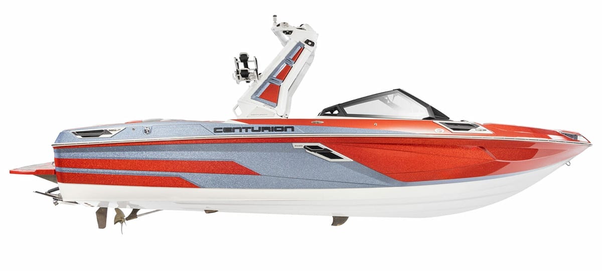 A red, white, and gray Centurion powerboat with a sleek design and a tall central tower structure, highlighting the sophistication of the latest Centurion Boat models.