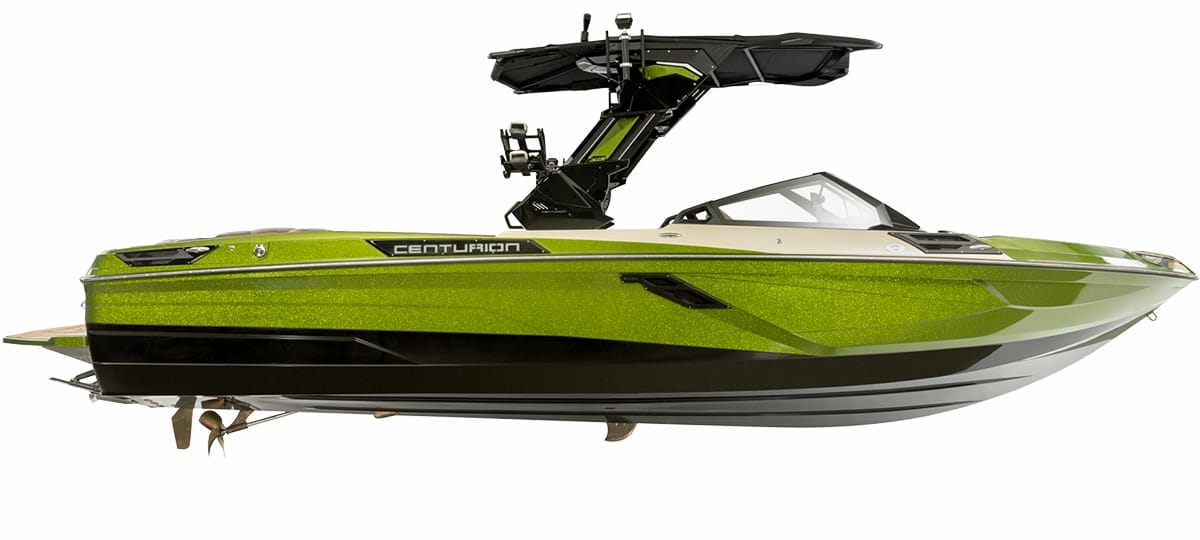 Side view of the latest Centurion Boats 2024 model with a lime green hull, black accents, and a black wakeboard tower.