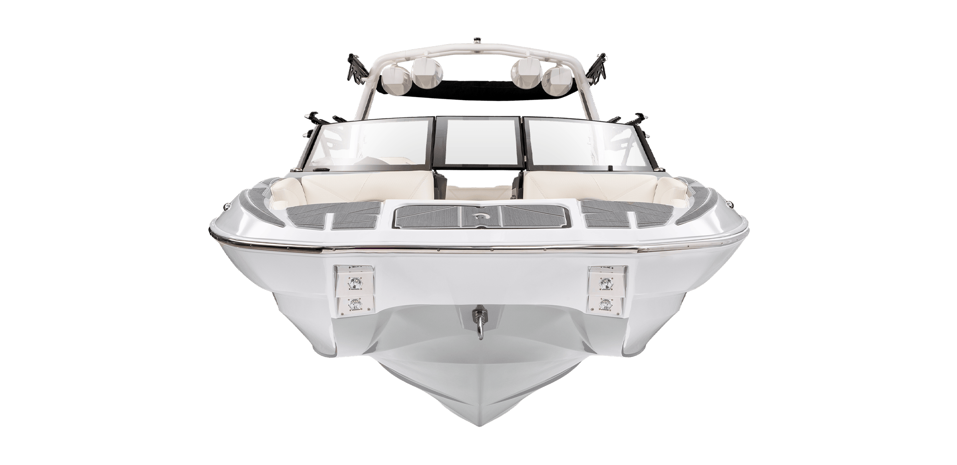 Front view of a white speedboat with a sleek design, featuring cushioned seating and multiple cup holders.