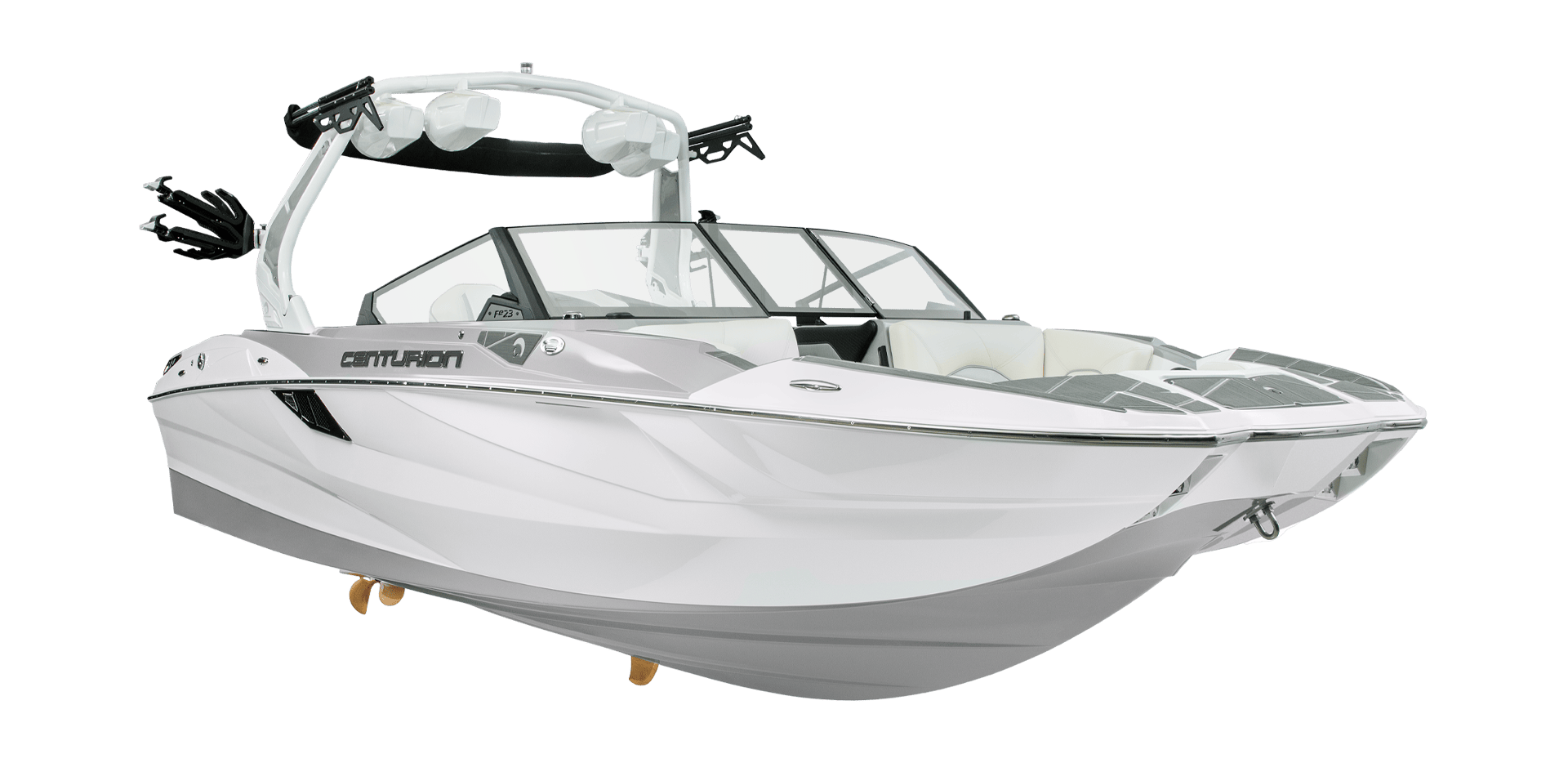 A white and gray recreational motorboat with a sleek design and modern features, displayed on a stand.