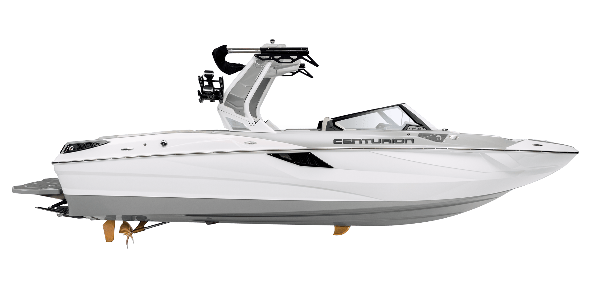 Side view of a white Centurion motorboat with a sleek design and modern features, including a wakeboard tower. The boat is elevated on stands.