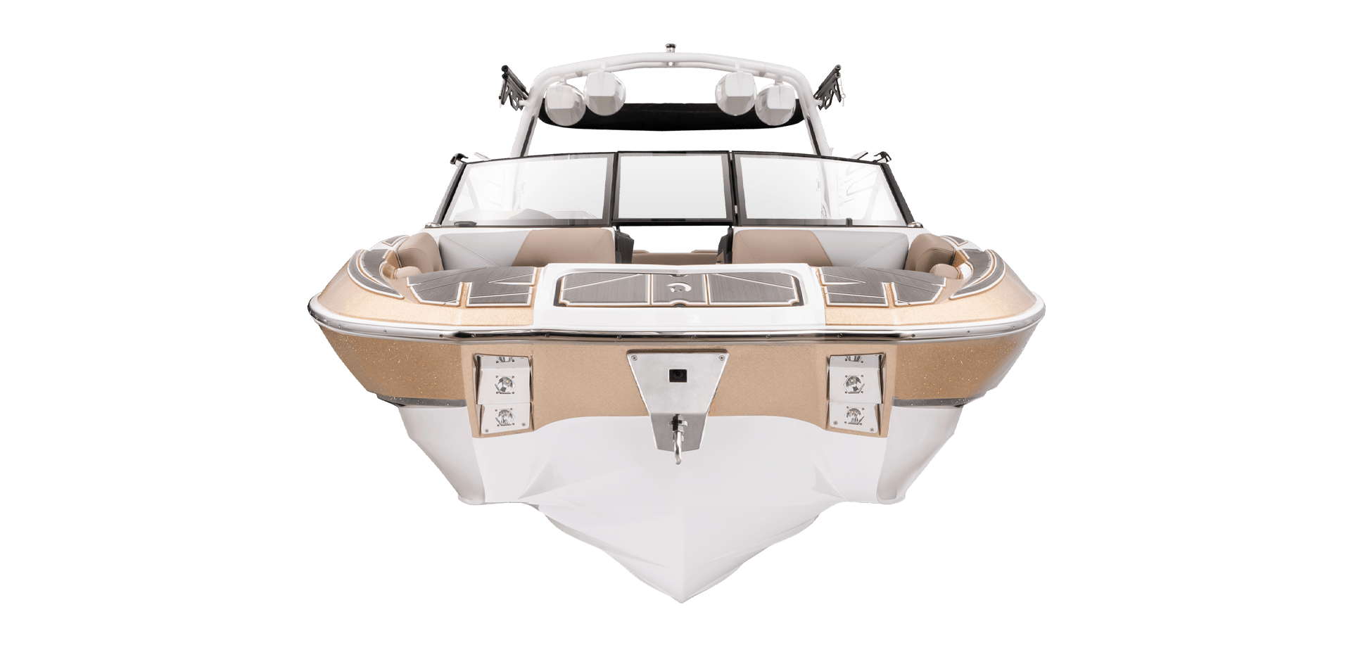 Front view of a recreational powerboat with tan and white seating, windshield, and mounted equipment on top.