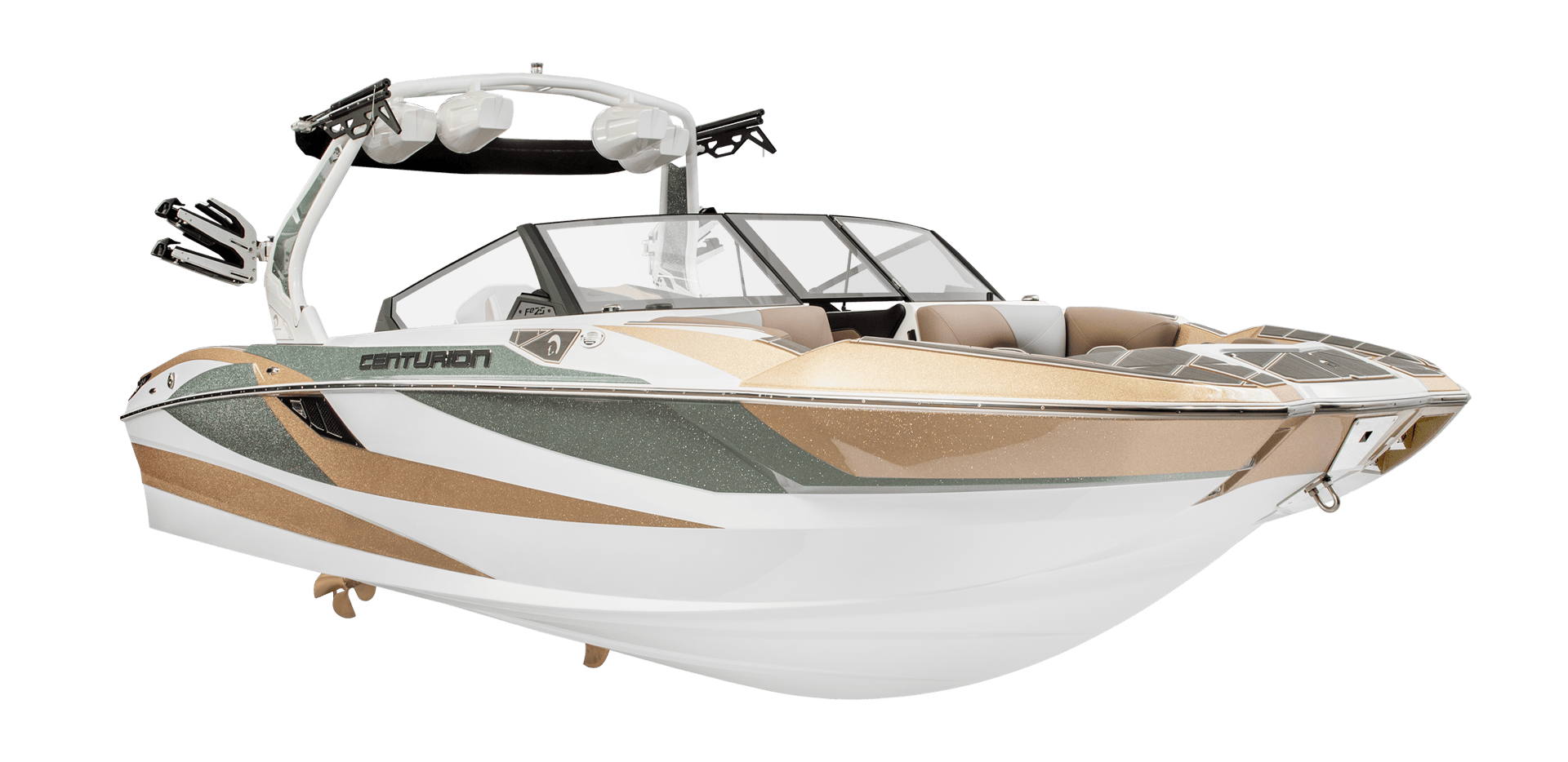 A luxurious Centurion speedboat featuring a modern design with a white, green, and gold color scheme, fitted with advanced audio and navigation equipment.