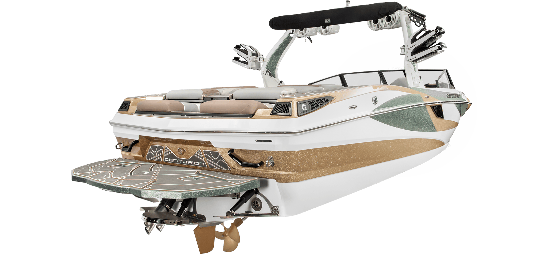 A white and gold Centurion wakeboard boat with cushioned seating, wakeboard racks, and a rear swim platform with a step ladder.