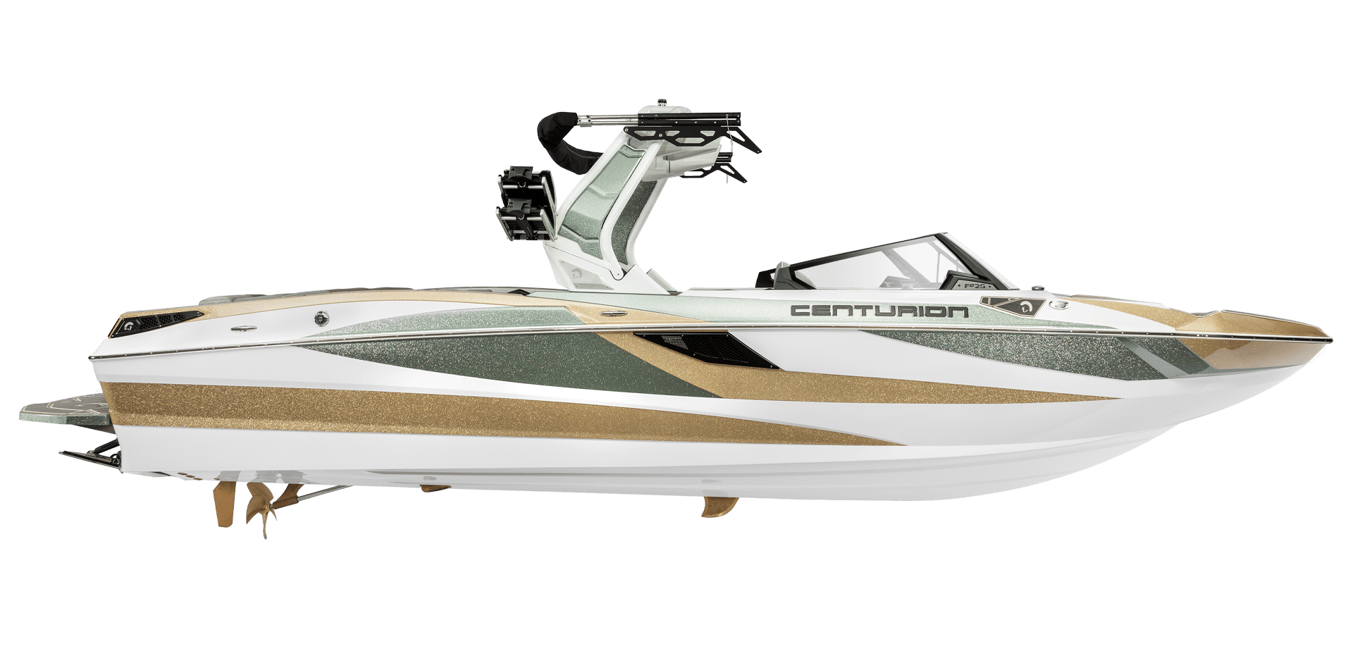 A sleek, modern motorboat with a white, gold, and green color scheme. It features a Centurion logo on the side and a wakeboard tower mounted at the back.