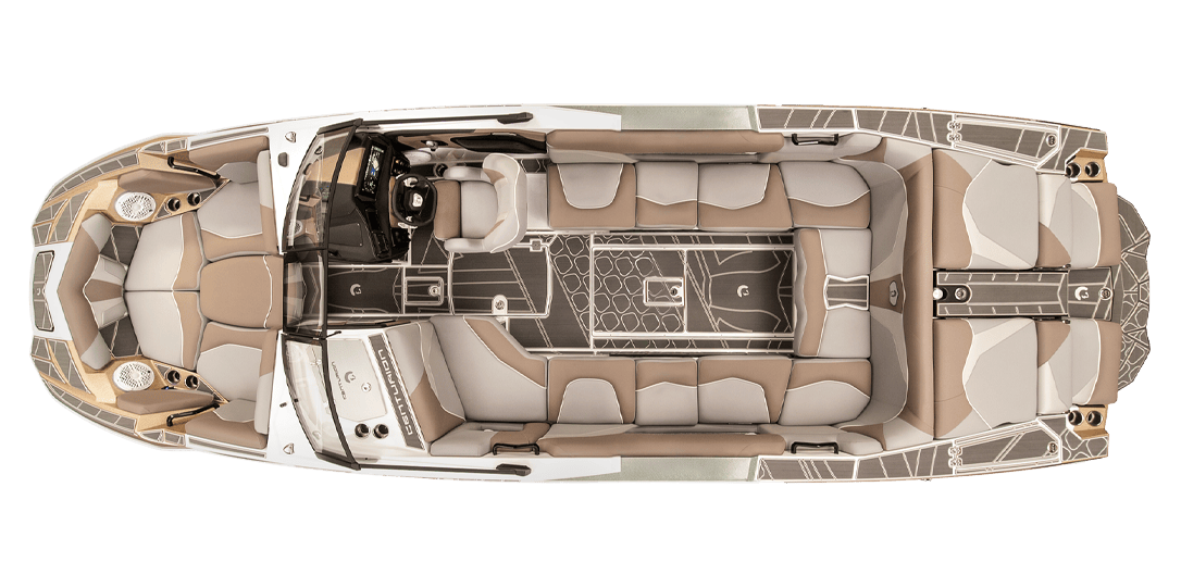 Top-down view of a speedboat's interior featuring cushioned seating, a steering console, and grey and beige upholstery—a perfect example of the luxury found in the latest Centurion Boats' 2024 models.