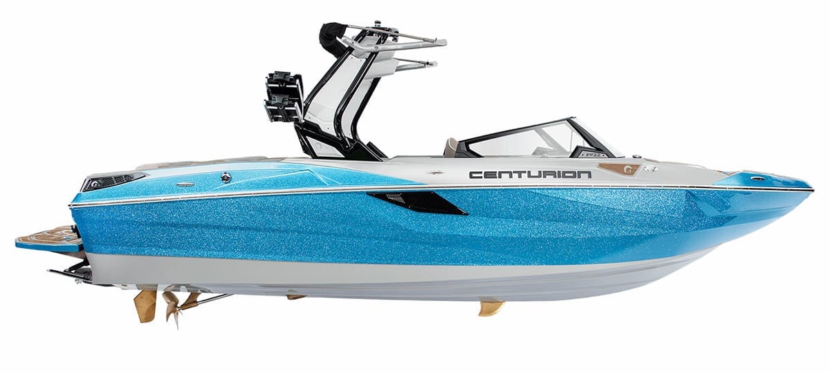 The 2024 model of the blue and white Centurion speedboat features a tower for wakeboarding and towing equipment, shown on a white background.