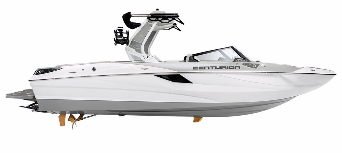 A white Centurion speedboat, part of the latest 2024 models, boasts a sleek design with a wakeboard tower and advanced equipment, viewed from the side.