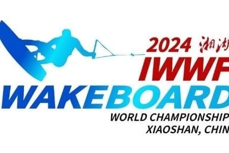 Logo for the 2024 IWWF Wakeboard World Championships in Xiaoshan, China featuring a silhouette of a wakeboarder and text in English and Chinese.